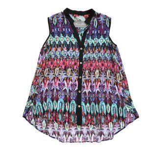 Hunter Bell Dixon Print Top Shirt Womens Medium Black Blue Silk Sleeveless VNeck